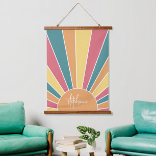 Retro stripe sunrise - pastel rainbow script name hanging tapestry