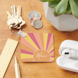 Retro stripe sunrise - pastel rainbow script name keychain
