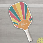 Retro stripe sunrise - pastel rainbow script name pickleball paddle<br><div class="desc">A colorful,  retro stripe sunrise design with a pastel colors. The stripes are pastels - red,  orange,  yellow and a light blue. Add your name or monogram to make this a personal paddle that will stand out amongst your friends. The name is a trendy script in white.</div>