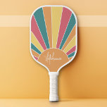 Retro stripe sunrise - pastel rainbow script name pickleball paddle<br><div class="desc">A colorful,  retro stripe sunrise design with a pastel colors. The stripes are pastels - red,  orange,  yellow and a light blue. Add your name or monogram to make this a personal paddle that will stand out amongst your friends. The name is a trendy script in white.</div>