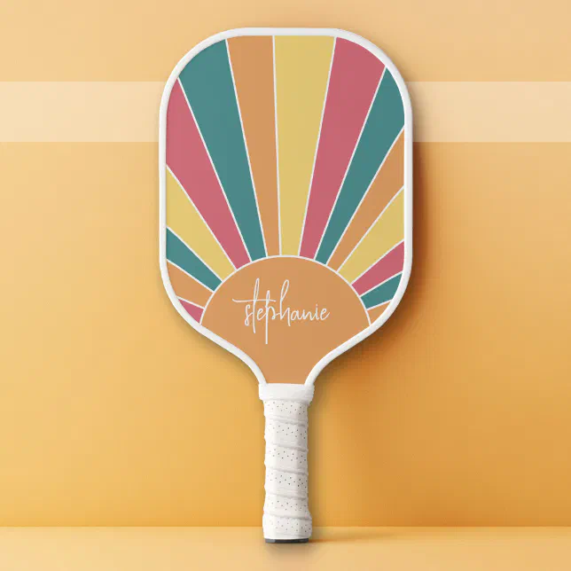 Retro stripe sunrise - pastel rainbow script name pickleball paddle
