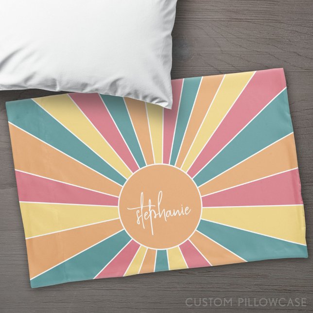 Retro stripe sunrise - pastel rainbow script name pillow case (Custom Pillowcase)