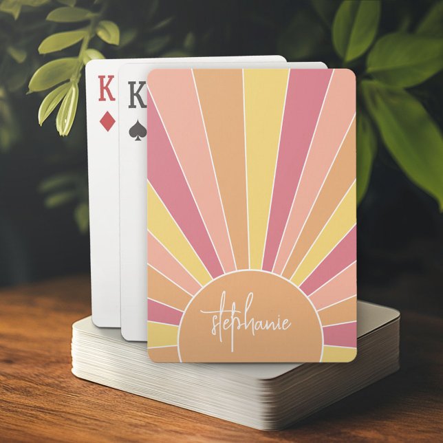 Retro stripe sunrise - pastel rainbow script name poker cards (Personalized playing cards)