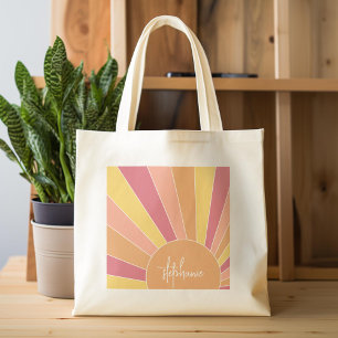 Retro stripe sunrise - pastel rainbow script name tote bag