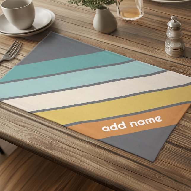 Retro Stripe - teal and gold - with name monogram Cloth Placemat (Personalized Cloth Placemat)