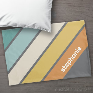 Retro Stripe - teal and gold - with name monogram Pillow Case