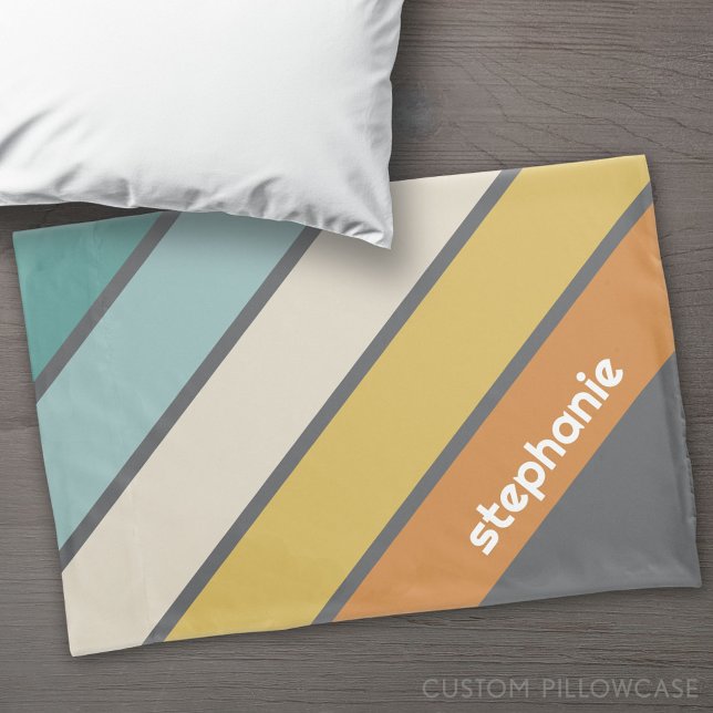 Retro Stripe - teal and gold - with name monogram Pillow Case (Custom Pillowcase)