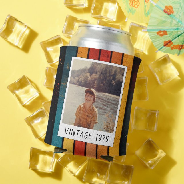 Retro Stripe Vintage 1975 50th Birthday Photo Can Cooler (In Situ Summer)