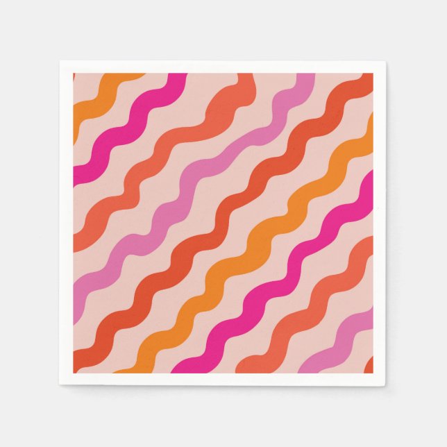 Retro Striped Abstract Waves Pink Red Orange  Napkins (Front)