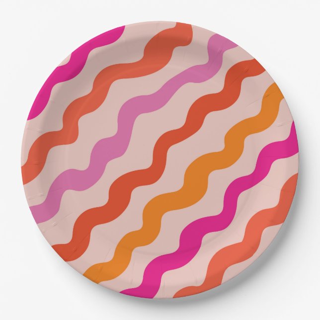 Retro Striped Abstract Waves Pink Red Orange  Paper Plates (Front)