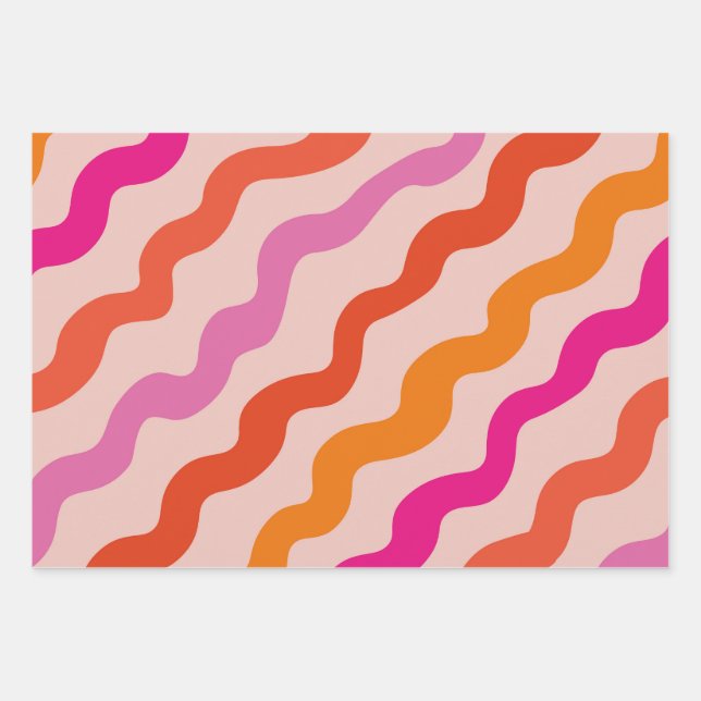 Retro Striped Abstract Waves Pink Red Orange  Wrapping Paper Sheets (Front)