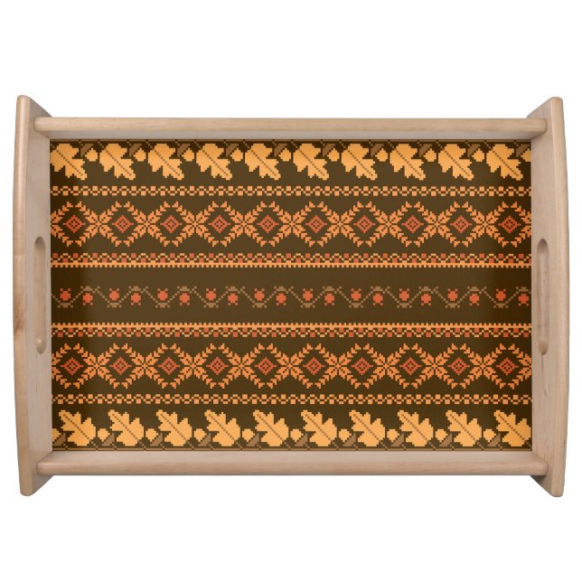 Retro Striped Autumn Cross-Stitch Serving Tray (Front)