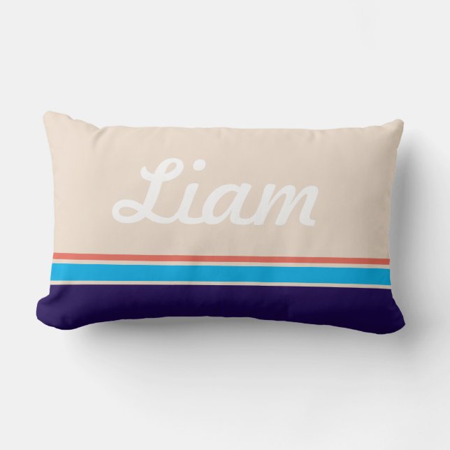 Retro Striped Beige and Navy Kids Name Lumbar Pillow (Front)