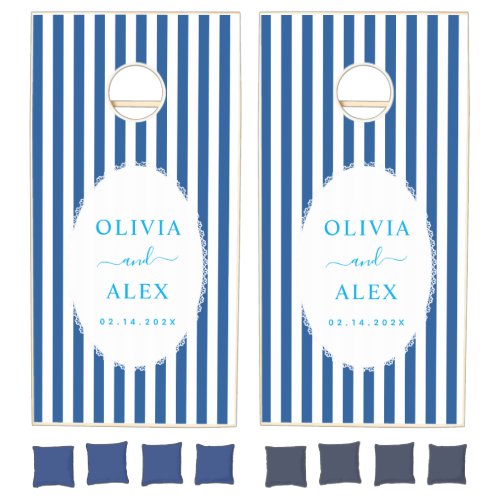 Retro Striped Blue Personalized Wedding Cornhole Set