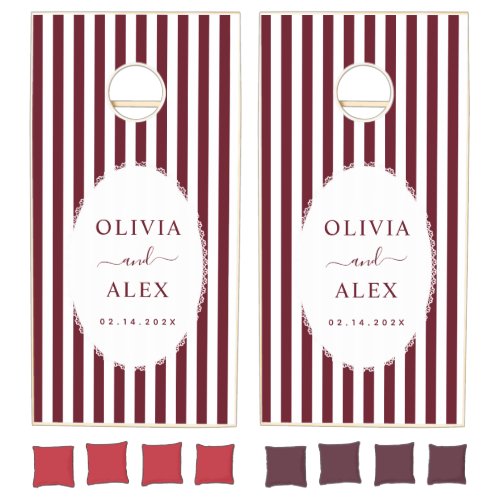 Retro Striped Burgundy Personalized Wedding Cornhole Set