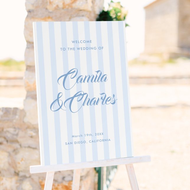 Retro Striped Coastal Blue Wedding Welcome Foam Board (Creator Uploaded)