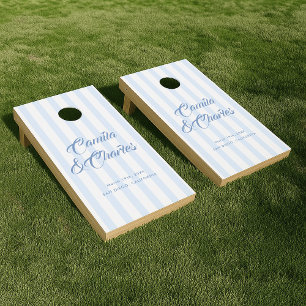 Retro Striped Dusty Blue Wedding Cornhole Set