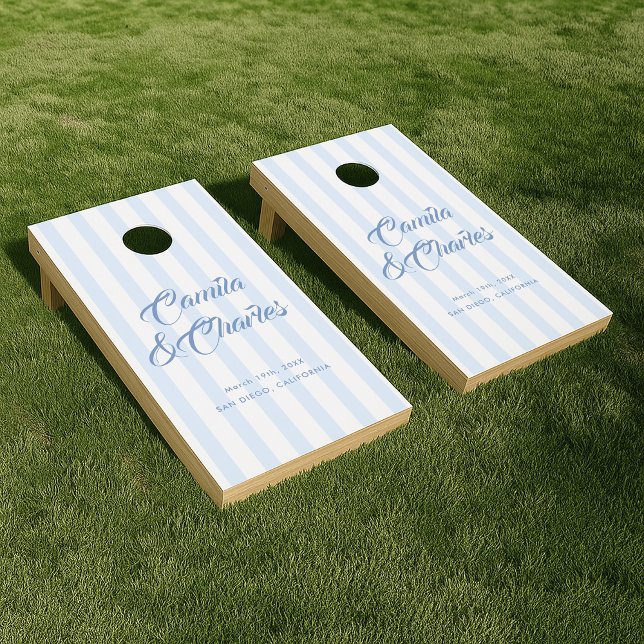 Retro Striped Dusty Blue Wedding Cornhole Set (Creator Uploaded)
