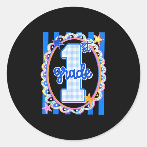 Retro striped first grade teacher 1st grade back classic round sticker
