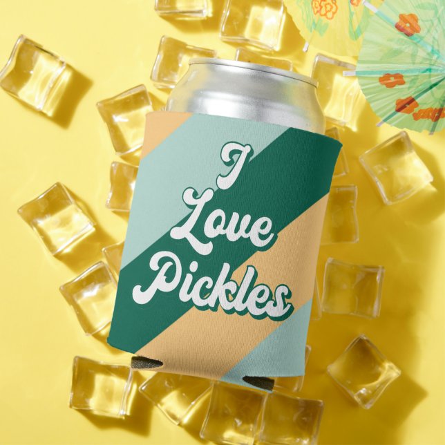 Retro Striped Funny I Love Pickles Beer Can Cooler (In Situ Summer)