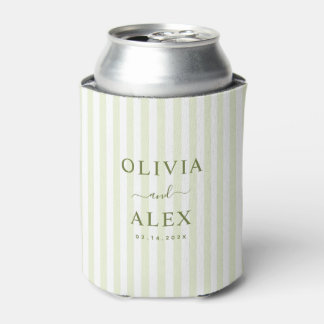 Retro Striped Green Personalized Wedding Can Cooler