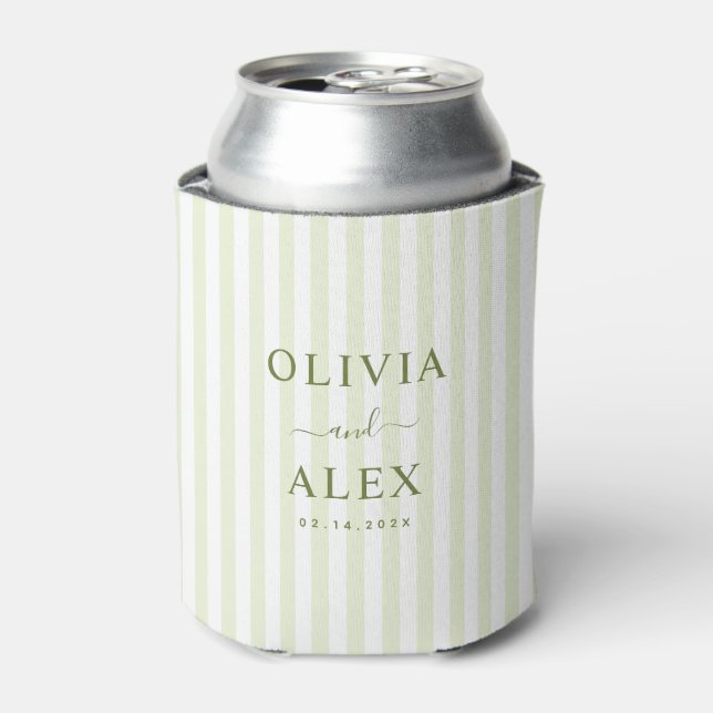 Retro Striped Green Personalized Wedding Can Cooler (Can Front)