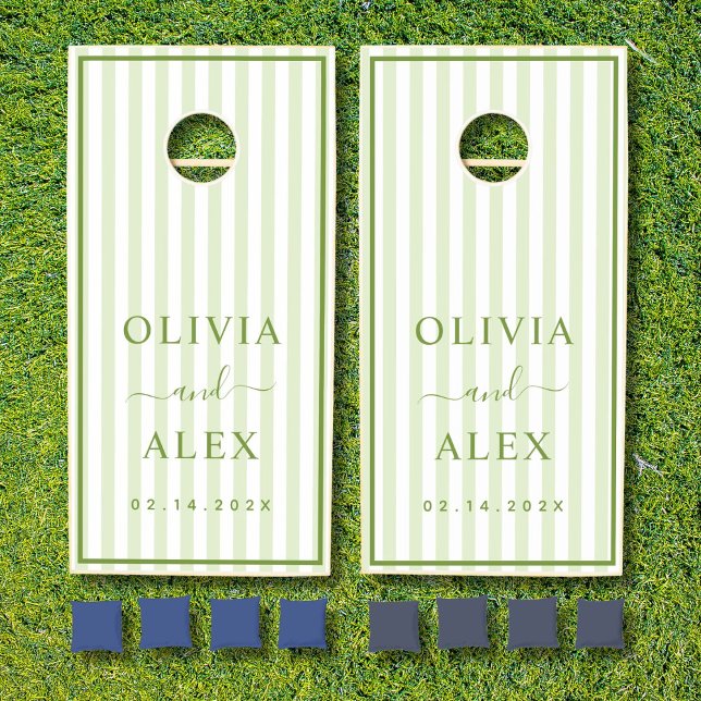 Retro Striped Green Personalized Wedding  Cornhole Set (Creator Uploaded)