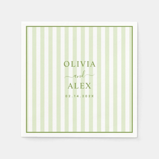 Retro Striped Green Personalized Wedding  Napkins (Front)