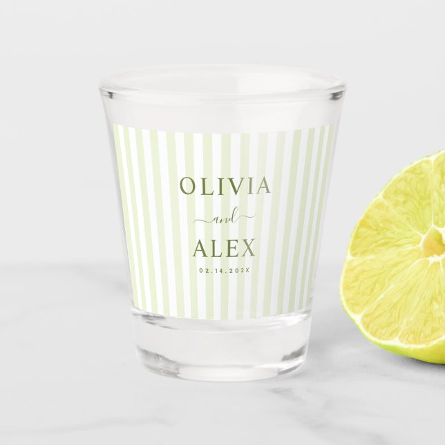 Retro Striped Green Personalized Wedding Shot Glass (Front)