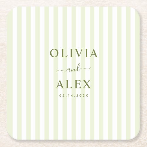 Retro Striped Green Personalized Wedding Square Paper Coaster