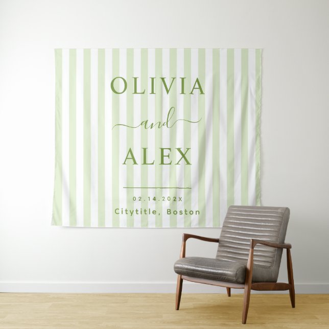 Retro Striped Green Personalized Wedding Tapestry (In Situ (Horizontal))