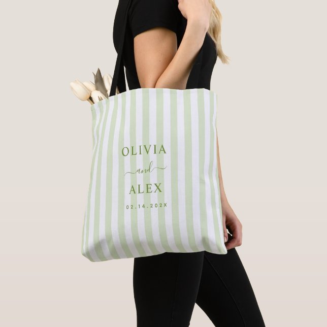 Retro Striped Green Personalized Wedding  Tote Bag (Close Up)
