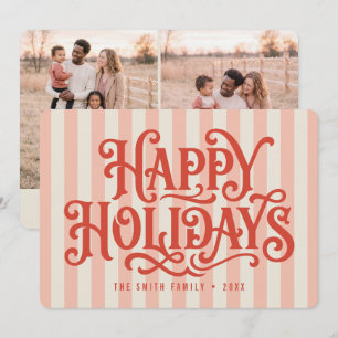 Retro Striped Happy Holidays Photo Card