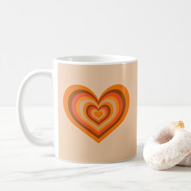Retro Striped Heart Mug - Orange on Beige (With Donut)
