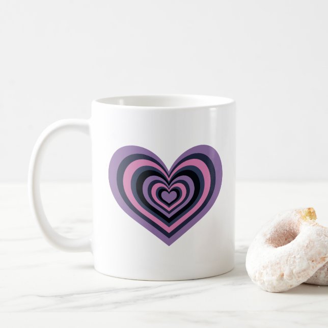 Retro Striped Heart Mug - Purple on White (With Donut)