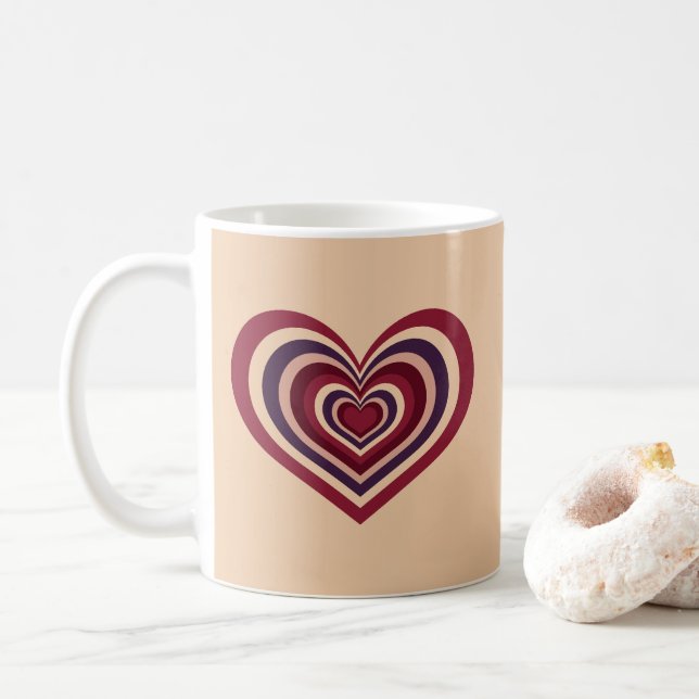 Retro Striped Heart Mug - Red on Beige (With Donut)
