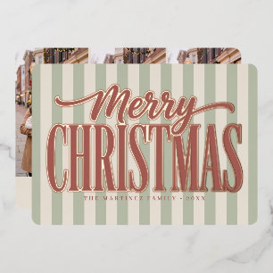 Retro Striped Merry Christmas Family Photo Foil Holiday Card