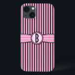 Retro Striped Monogram Pattern Pink Black iPhone 13 Case<br><div class="desc">This cute, girly, slightly retro 50s case design shows pink, light pink and black stripes and a space that you can personalize / customize. Just add your own monogram / initial in the "Personalize It" field. The squared font gives the monogram a vintage modern look. This is a bright, colorful,...</div>