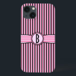 Retro Striped Monogram Pattern Pink Black iPhone 13 Case<br><div class="desc">This cute, girly, slightly retro 50s case design shows pink, light pink and black stripes and a space that you can personalize / customize. Just add your own monogram / initial in the "Personalize It" field. The squared font gives the monogram a vintage modern look. This is a bright, colorful,...</div>