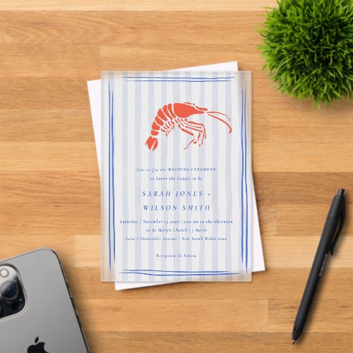 Retro Striped Red Blue Lobster Coastal Wedding Acrylic Invitations