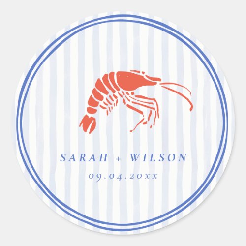 Retro Striped Red Blue Lobster Coastal Wedding Classic Round Sticker