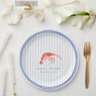 Retro Striped Red Blue Lobster Coastal Wedding Paper Plates