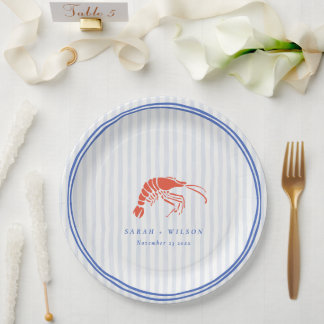 Retro Striped Red Blue Lobster Coastal Wedding Paper Plates