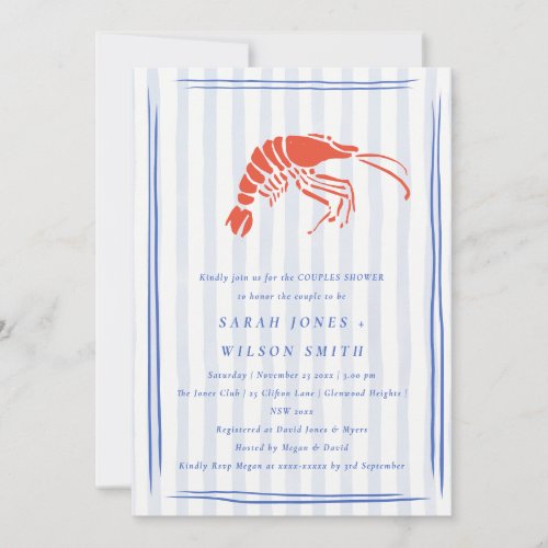 Retro Striped Red Blue Lobster Couples Shower Invitation