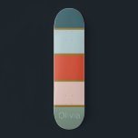 Retro striped skateboard<br><div class="desc">Retro inspired vertical striped design in tones of teal and sage with orange, soft pink and gold. Fully customizable with your name, initials or monogram.</div>