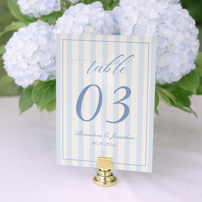 Retro Striped White and Blue Wedding Table Number (Creator Uploaded)