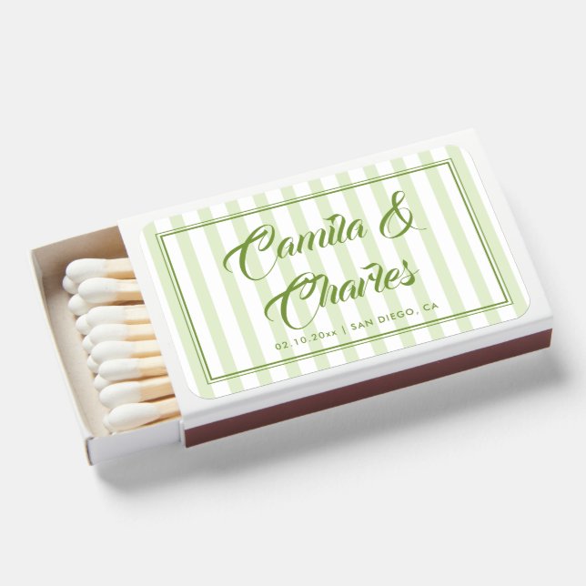 Retro Striped White and Green Wedding  Matchboxes (Front Open)