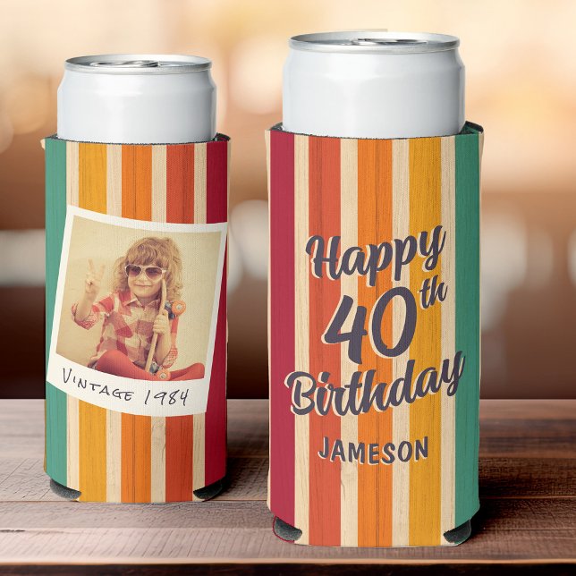 Retro Stripes 70s Disco 40th Birthday Party  Seltzer Can Cooler (Retro striped birthday can cooler featuring a vintage photo + a festive message for a 40th birthday)