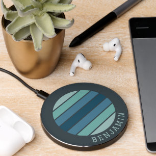 Retro Stripes 70s Vibe Blue Grey - Custom Name Wireless Charger