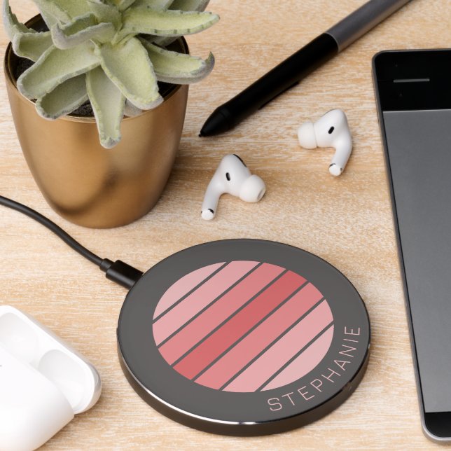 Retro Stripes 70s Vibe Blush Pink Gray Custom Name Wireless Charger (Desk 2)